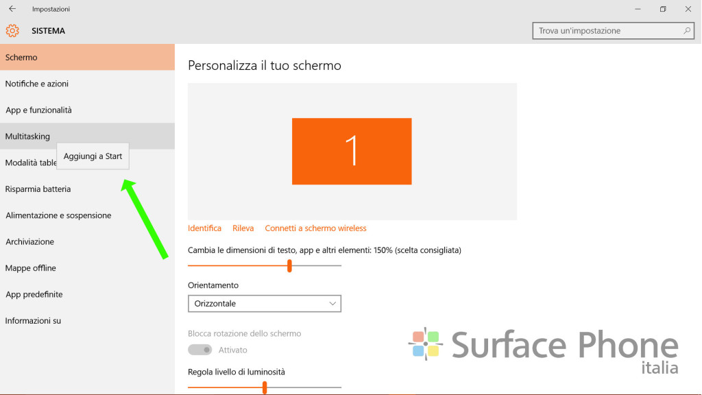Aggiungere impostazioni a start Windows - surface phone italia
