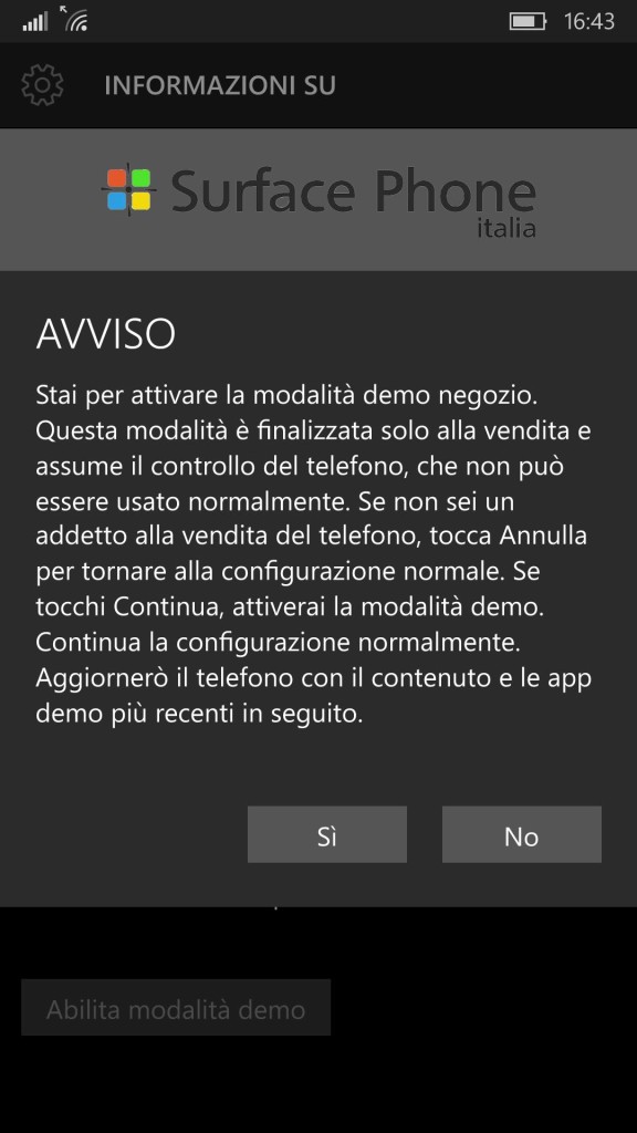 Windows 10 Mobile - modalità-demo:retail-surface phone italia