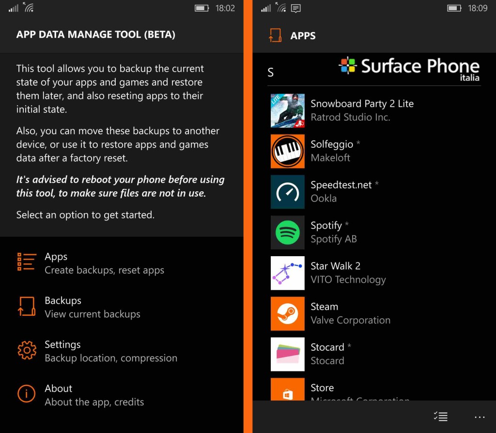 app data manage tool - schermate - surface phone italia